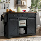 Farmhouse Kitchen Island with Power Outlet, 2 Sliding Barn Door Kitchen Storage Island with Drop Leaf and Spice Rack