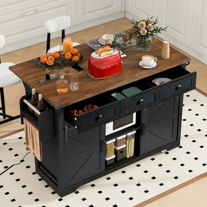 Farmhouse Kitchen Island with Power Outlet, 2 Sliding Barn Door Kitchen Storage Island with Drop Leaf and Spice Rack