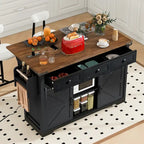 Farmhouse Kitchen Island with Power Outlet, 2 Sliding Barn Door Kitchen Storage Island with Drop Leaf and Spice Rack