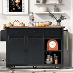 Farmhouse Kitchen Island with Power Outlet, 2 Sliding Barn Door Kitchen Storage Island with Drop Leaf and Spice Rack