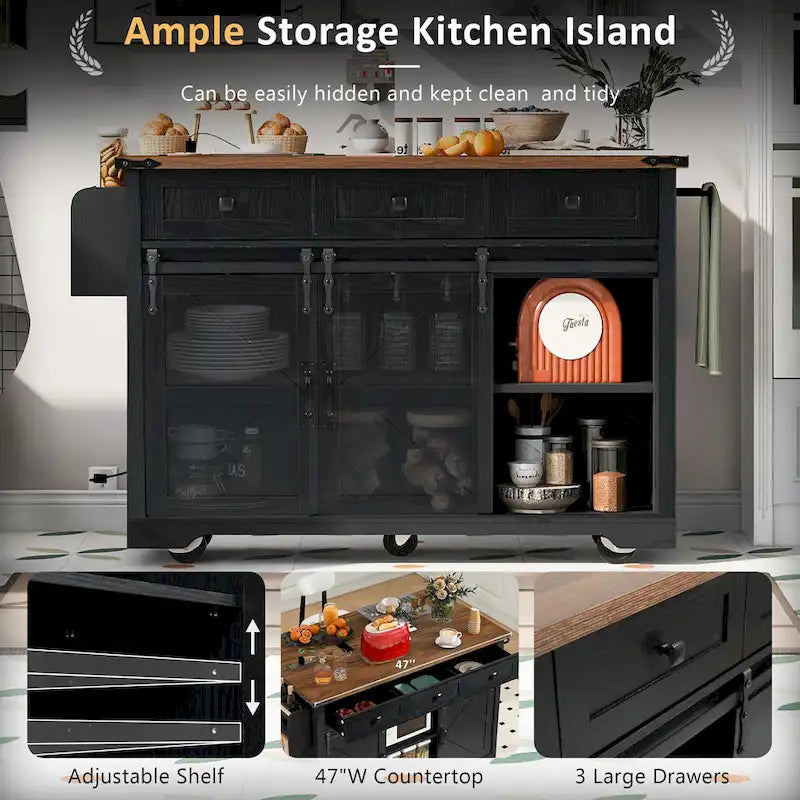 Farmhouse Kitchen Island with Power Outlet, 2 Sliding Barn Door Kitchen Storage Island with Drop Leaf and Spice Rack