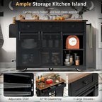 Farmhouse Kitchen Island with Power Outlet, 2 Sliding Barn Door Kitchen Storage Island with Drop Leaf and Spice Rack