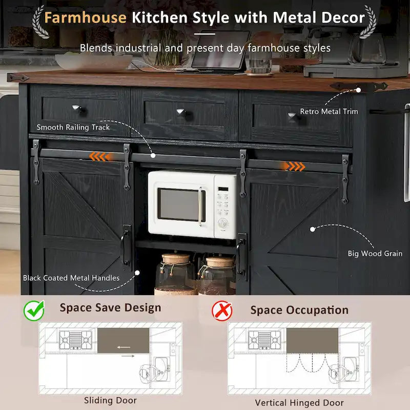 Farmhouse Kitchen Island with Power Outlet, 2 Sliding Barn Door Kitchen Storage Island with Drop Leaf and Spice Rack