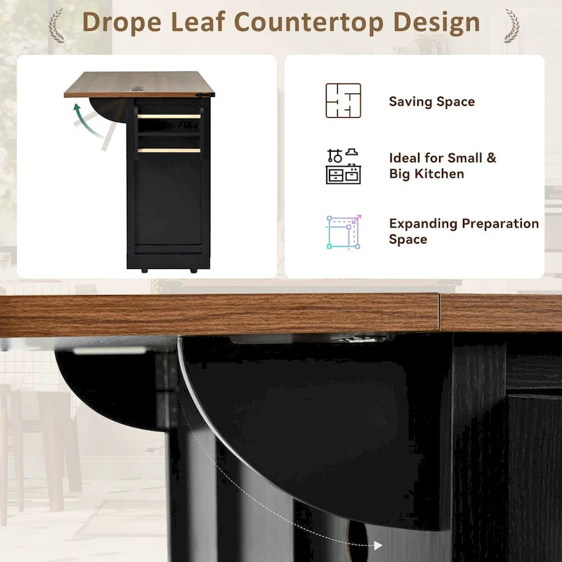 Farmhouse Kitchen Island with Power Outlet, 2 Sliding Barn Door Kitchen Storage Island with Drop Leaf and Spice Rack