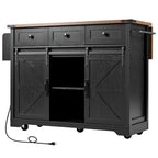 Farmhouse Kitchen Island with Power Outlet, 2 Sliding Barn Door Kitchen Storage Island with Drop Leaf and Spice Rack