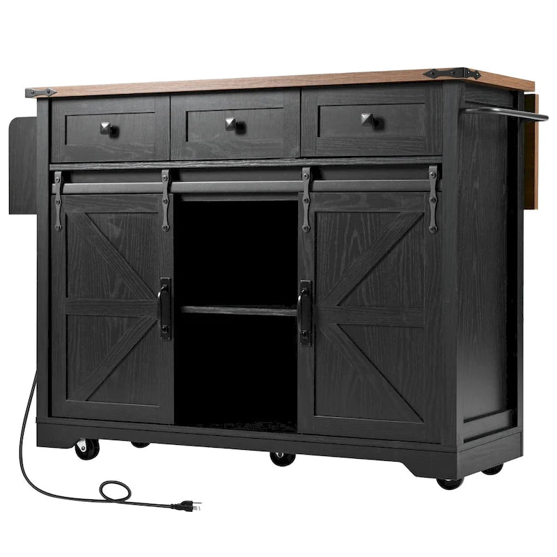 Farmhouse Kitchen Island with Power Outlet, 2 Sliding Barn Door Kitchen Storage Island with Drop Leaf and Spice Rack