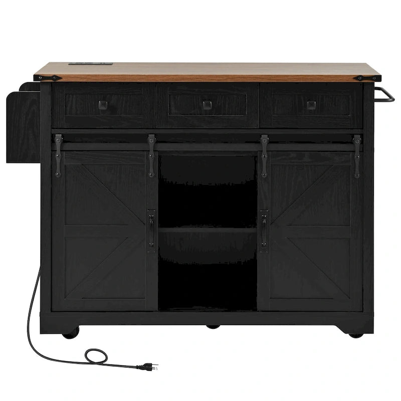 Farmhouse Kitchen Island with Power Outlet, 2 Sliding Barn Door Kitchen Storage Island with Drop Leaf and Spice Rack