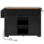Farmhouse Kitchen Island with Power Outlet, 2 Sliding Barn Door Kitchen Storage Island with Drop Leaf and Spice Rack