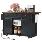Farmhouse Kitchen Island with Power Outlet, 2 Sliding Barn Door Kitchen Storage Island with Drop Leaf and Spice Rack