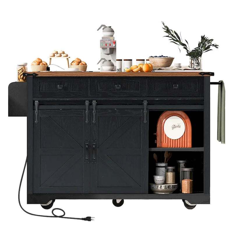 Farmhouse Kitchen Island with Power Outlet, 2 Sliding Barn Door Kitchen Storage Island with Drop Leaf and Spice Rack