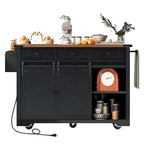 Farmhouse Kitchen Island with Power Outlet, 2 Sliding Barn Door Kitchen Storage Island with Drop Leaf and Spice Rack