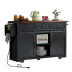 Farmhouse Kitchen Island with Power Outlet, 2 Sliding Barn Door Kitchen Storage Island with Drop Leaf and Spice Rack