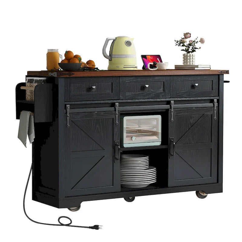 Farmhouse Kitchen Island with Power Outlet, 2 Sliding Barn Door Kitchen Storage Island with Drop Leaf and Spice Rack