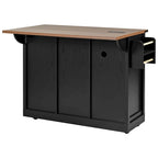 Farmhouse Kitchen Island with Power Outlet, 2 Sliding Barn Door Kitchen Storage Island with Drop Leaf and Spice Rack
