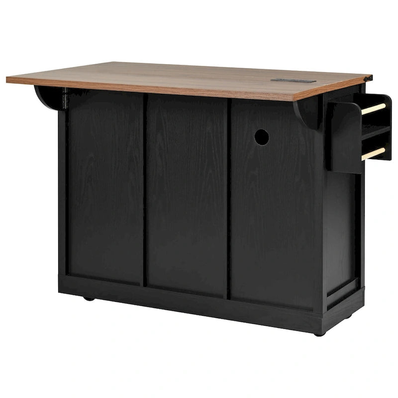 Farmhouse Kitchen Island with Power Outlet, 2 Sliding Barn Door Kitchen Storage Island with Drop Leaf and Spice Rack