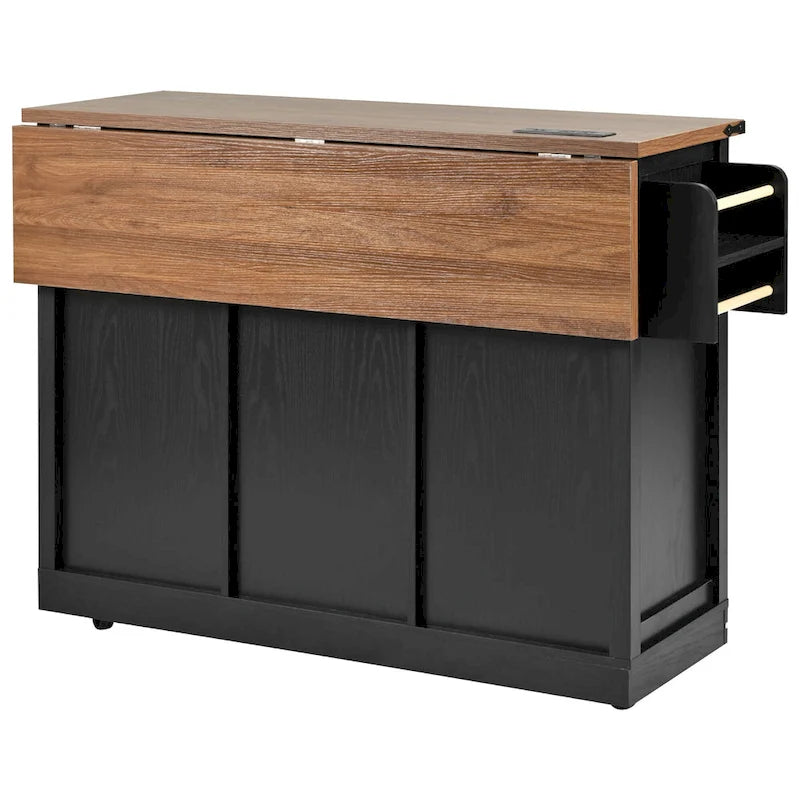 Farmhouse Kitchen Island with Power Outlet, 2 Sliding Barn Door Kitchen Storage Island with Drop Leaf and Spice Rack
