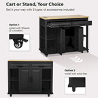 47 Rubber Wood Kitchen Island with Extendable Dining Table, Internal Storage Rack, Power Outlet, Storage 2 Drawers, 2 Cabinet