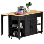 47 Rubber Wood Kitchen Island with Extendable Dining Table, Internal Storage Rack, Power Outlet, Storage 2 Drawers, 2 Cabinet