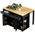 47 Rubber Wood Kitchen Island with Extendable Dining Table, Internal Storage Rack, Power Outlet, Storage 2 Drawers, 2 Cabinet