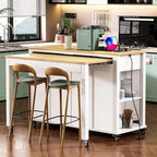 47 Rubber Wood Kitchen Island with Extendable Dining Table, Internal Storage Rack, Power Outlet, Storage 2 Drawers, 2 Cabinet