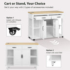 47 Rubber Wood Kitchen Island with Extendable Dining Table, Internal Storage Rack, Power Outlet, Storage 2 Drawers, 2 Cabinet