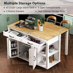 47 Rubber Wood Kitchen Island with Extendable Dining Table, Internal Storage Rack, Power Outlet, Storage 2 Drawers, 2 Cabinet