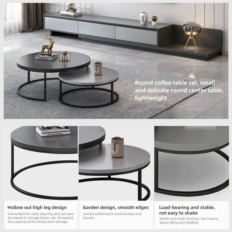 2-piece Round Nesting Tables Modern Wood Gray & Black Round Nesting Coffee Table for Living Room