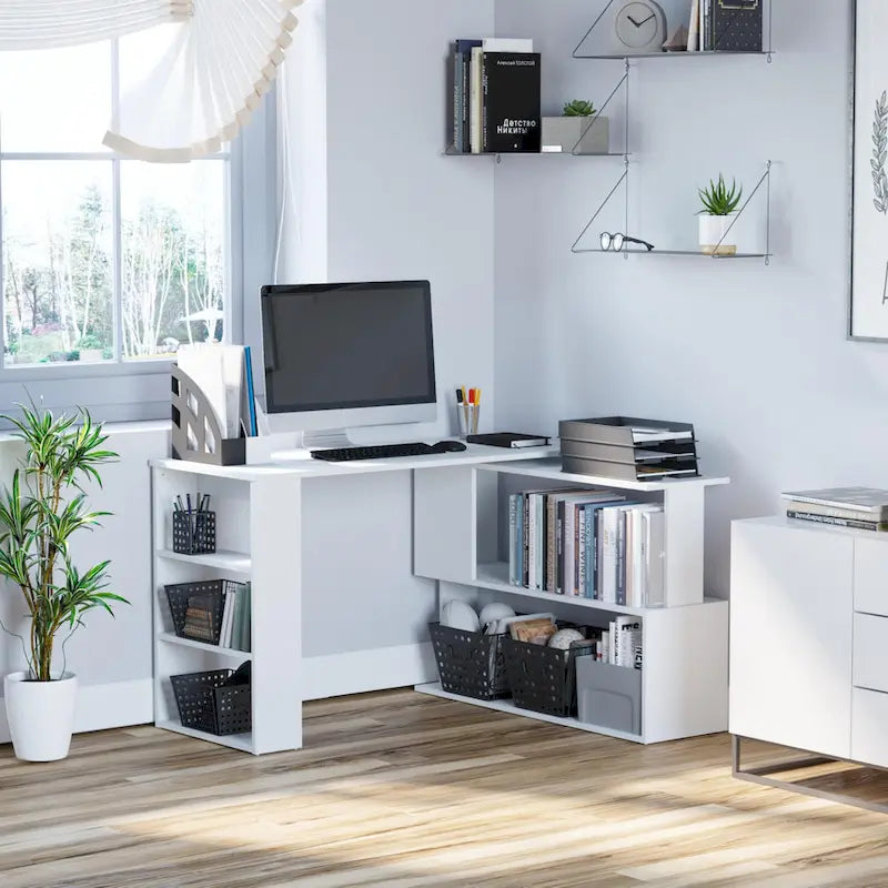 360 Rotating L-Shaped Corner Desk: White, with Storage Shelves