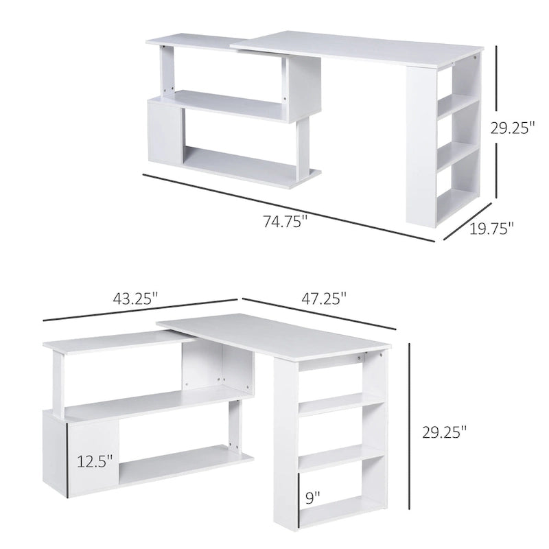 360 Rotating L-Shaped Corner Desk: White, with Storage Shelves