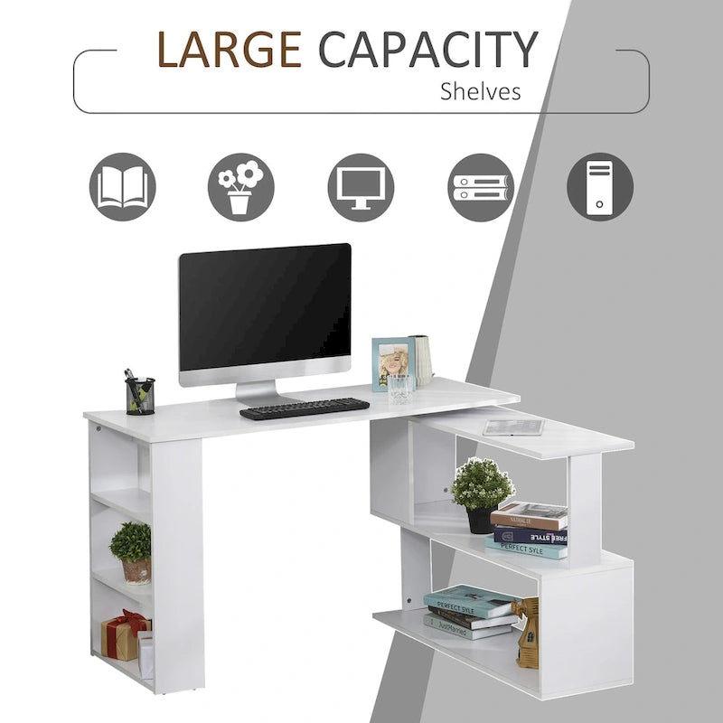 360 Rotating L-Shaped Corner Desk: White, with Storage Shelves