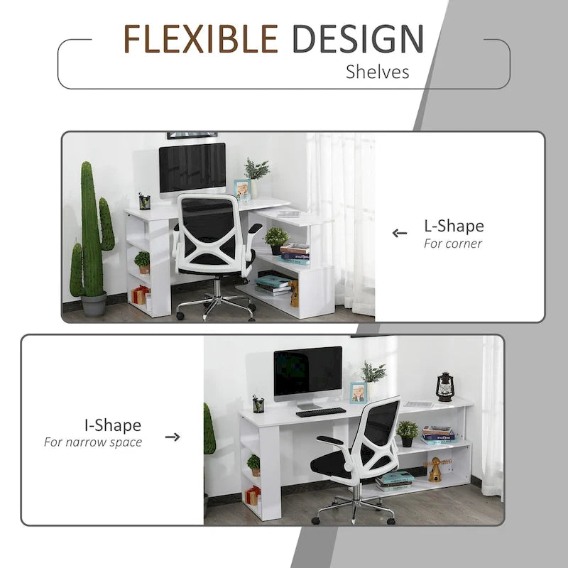 360 Rotating L-Shaped Corner Desk: White, with Storage Shelves