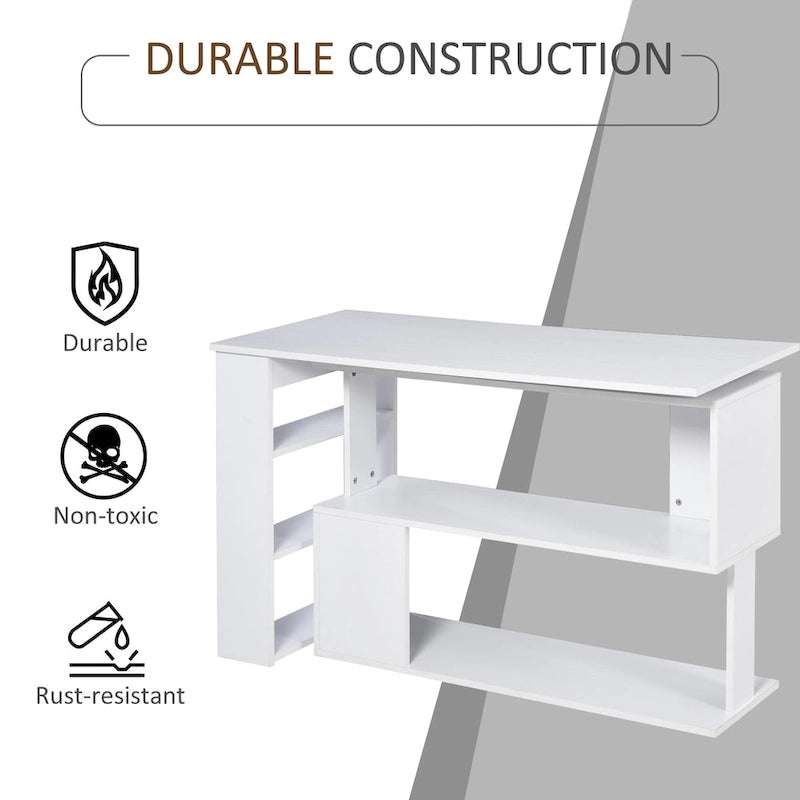 360 Rotating L-Shaped Corner Desk: White, with Storage Shelves