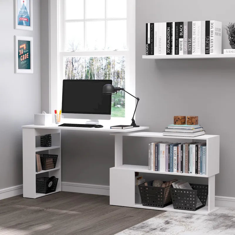 360 Rotating L-Shaped Corner Desk: White, with Storage Shelves