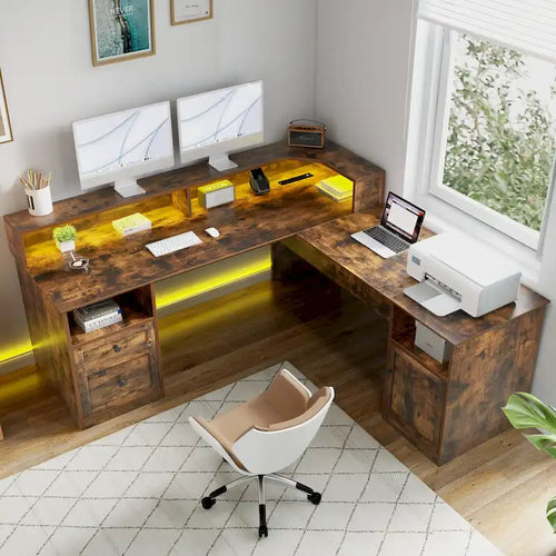 59 L Shaped Desk Corner LED Computer Gaming Desk with File Cabinet and Lift Table Top