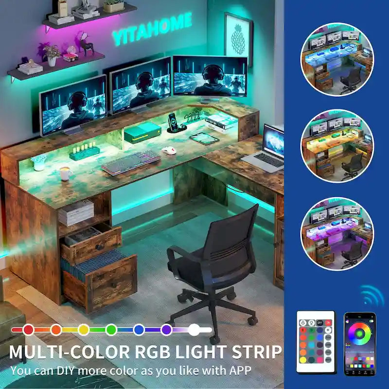 59 L Shaped Desk Corner LED Computer Gaming Desk with File Cabinet and Lift Table Top