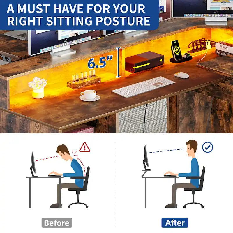 59 L Shaped Desk Corner LED Computer Gaming Desk with File Cabinet and Lift Table Top