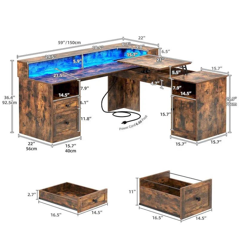 59 L Shaped Desk Corner LED Computer Gaming Desk with File Cabinet and Lift Table Top