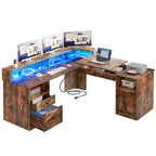 59 L Shaped Desk Corner LED Computer Gaming Desk with File Cabinet and Lift Table Top