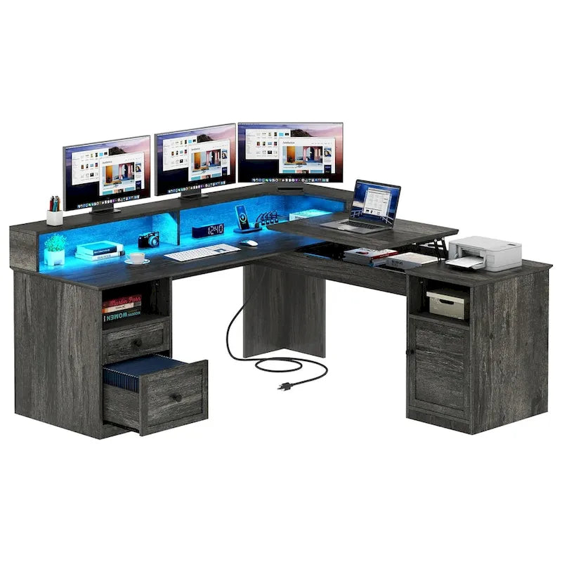 59 L Shaped Desk Corner LED Computer Gaming Desk with File Cabinet and Lift Table Top