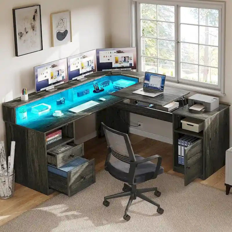 59 L Shaped Desk Corner LED Computer Gaming Desk with File Cabinet and Lift Table Top