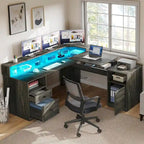 59 L Shaped Desk Corner LED Computer Gaming Desk with File Cabinet and Lift Table Top