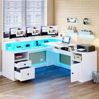 59 L Shaped Desk Corner LED Computer Gaming Desk with File Cabinet and Lift Table Top