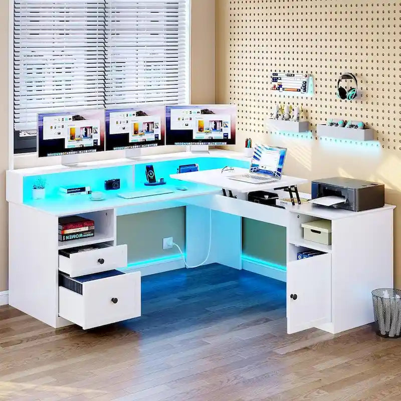 59 L Shaped Desk Corner LED Computer Gaming Desk with File Cabinet and Lift Table Top
