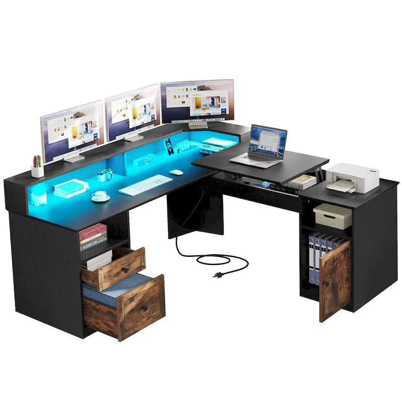 59 L Shaped Desk Corner LED Computer Gaming Desk with File Cabinet and Lift Table Top
