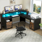 59 L Shaped Desk Corner LED Computer Gaming Desk with File Cabinet and Lift Table Top