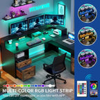 59 L Shaped Desk Corner LED Computer Gaming Desk with File Cabinet and Lift Table Top