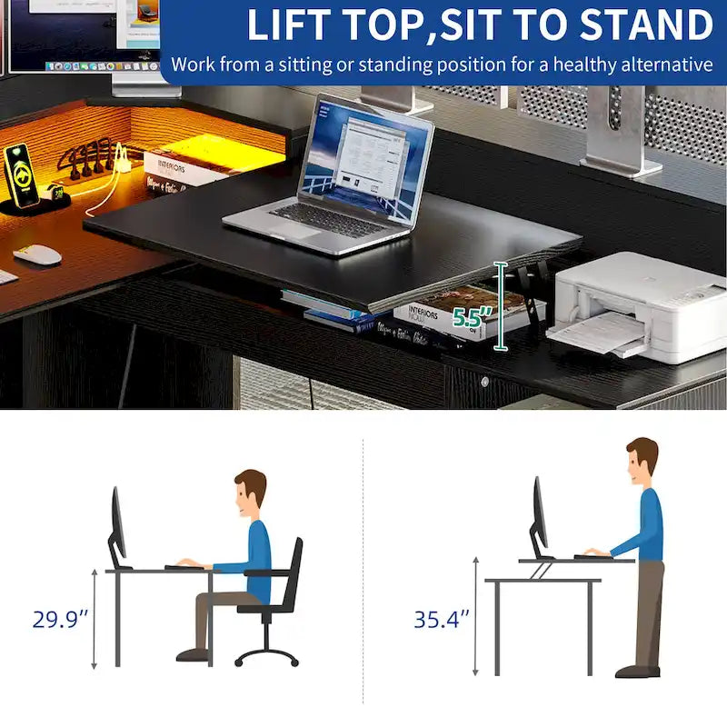 59 L Shaped Desk Corner LED Computer Gaming Desk with File Cabinet and Lift Table Top