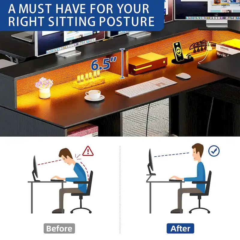 59 L Shaped Desk Corner LED Computer Gaming Desk with File Cabinet and Lift Table Top