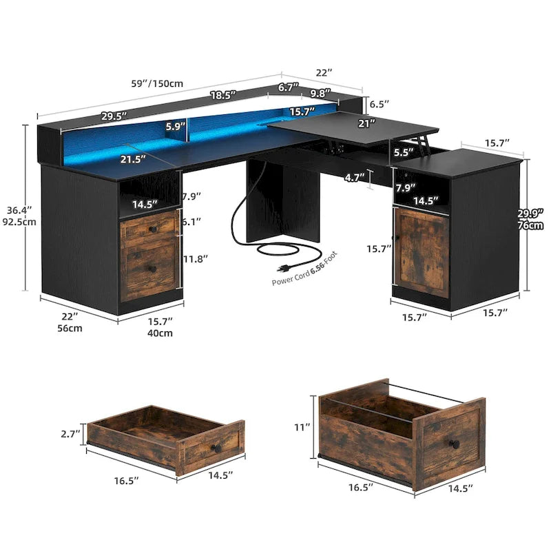 59 L Shaped Desk Corner LED Computer Gaming Desk with File Cabinet and Lift Table Top
