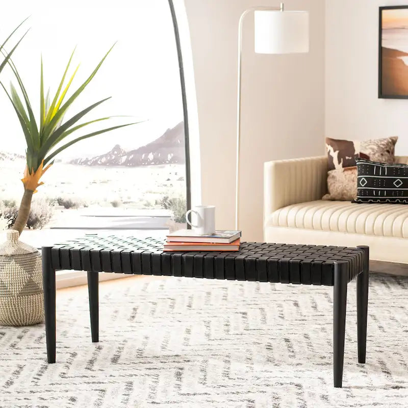 Manervia Wood & Leather Bench - 47Wx16Dx18H